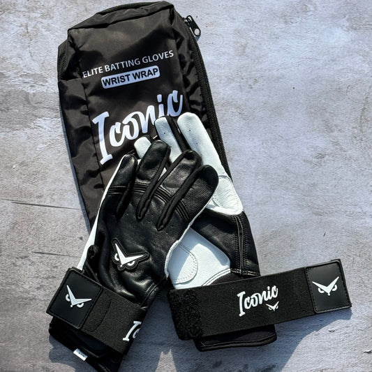 Iconic Elite Batting Gloves w/Wrist Wrap - Black/White (YOUTH)