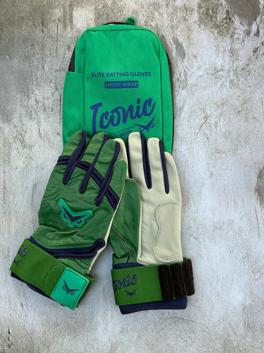 Iconic Elite Batting Gloves w/Wrist Wrap - Green/Navy (ADULT)