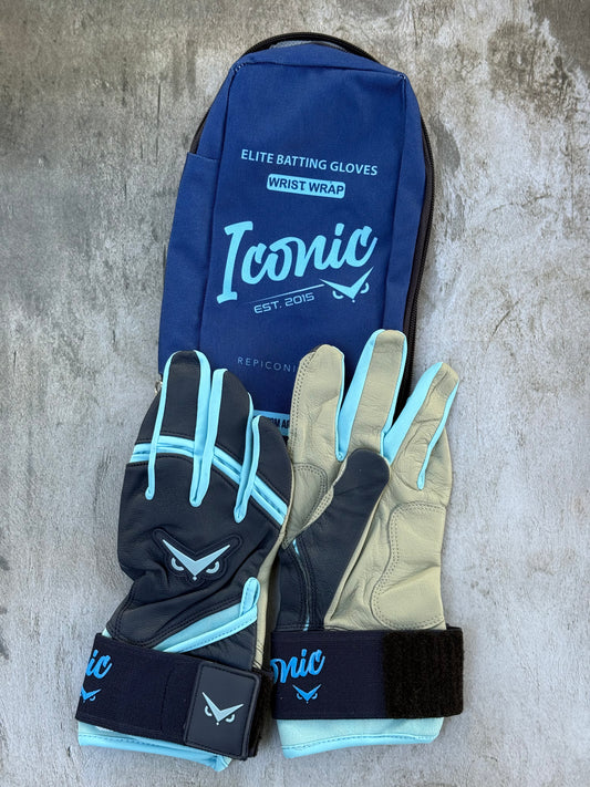 Iconic Elite Batting Gloves w/Wrist Wrap - Navy/Columbia (ADULT)